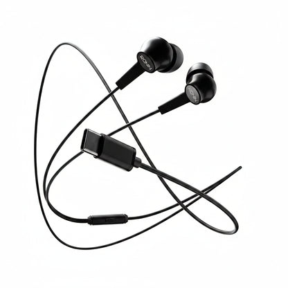 Black in-ear headphones with a coiled cable on a white background