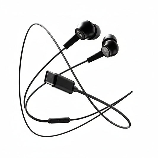 Black in-ear headphones with a coiled cable on a white background