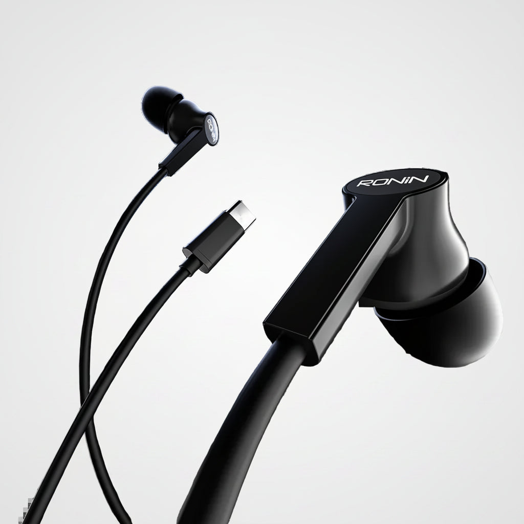 Black earphones with a cable on a white background, featuring the brand 'RONIN'.
