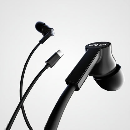 Black earphones with a cable on a white background, featuring the brand 'RONIN'.