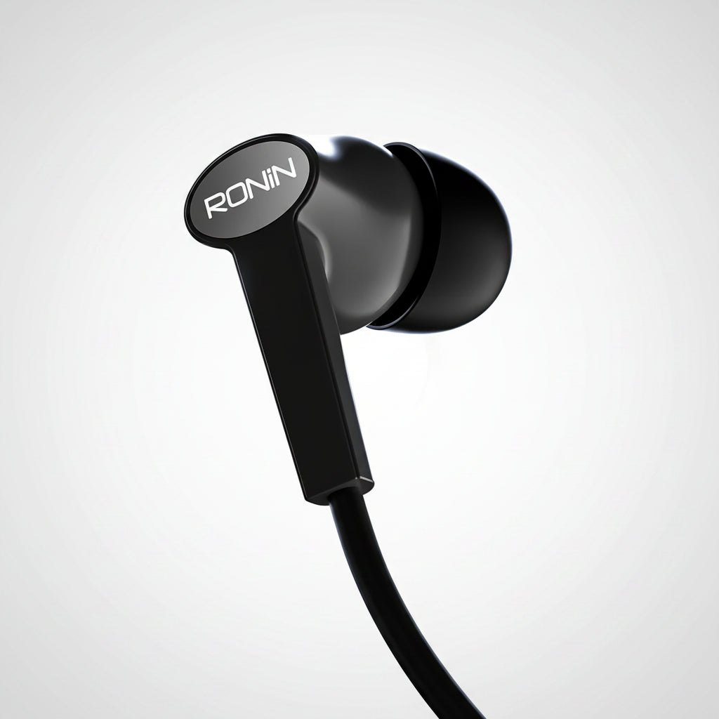 Black earbud with 'RONIN' branding on a white background