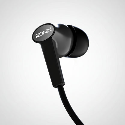 Black earbud with 'RONIN' branding on a white background