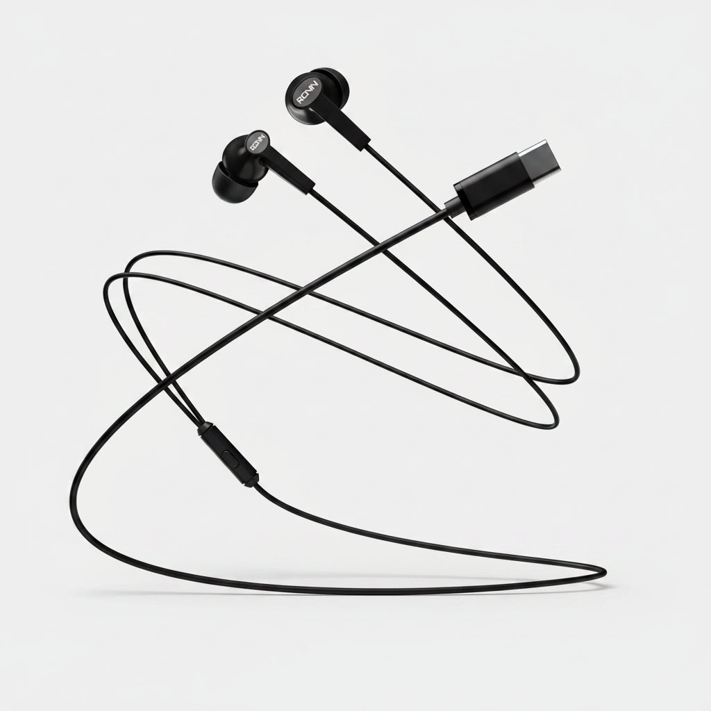Black wireless earbuds with a long cable on a white background