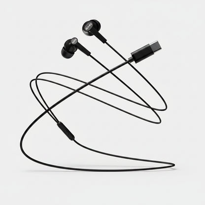 Black wireless earbuds with a long cable on a white background