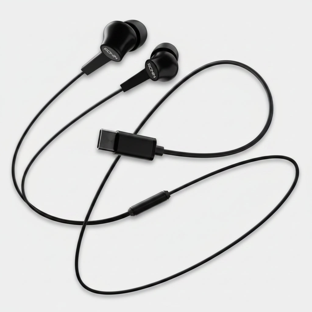 Black in-ear headphones with a clip on a white background