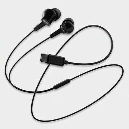 Black in-ear headphones with a clip on a white background