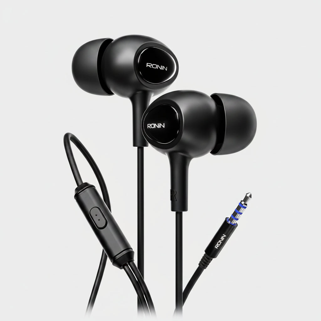 Black earphones with control buttons and microphone on a white background, branded 'RONIN'.