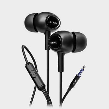 Black earphones with control buttons and microphone on a white background, branded 'RONIN'.
