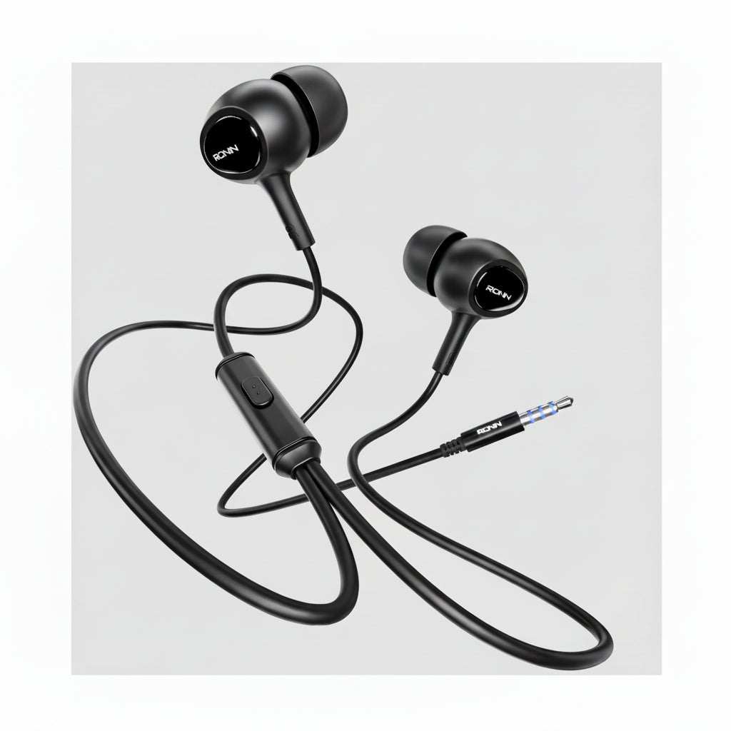 Black in-ear headphones with a control button on a white background