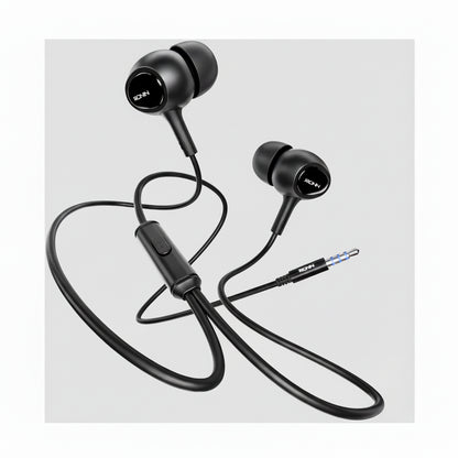 Black in-ear headphones with a control button on a white background