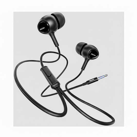 Black in-ear headphones with a control button on a white background