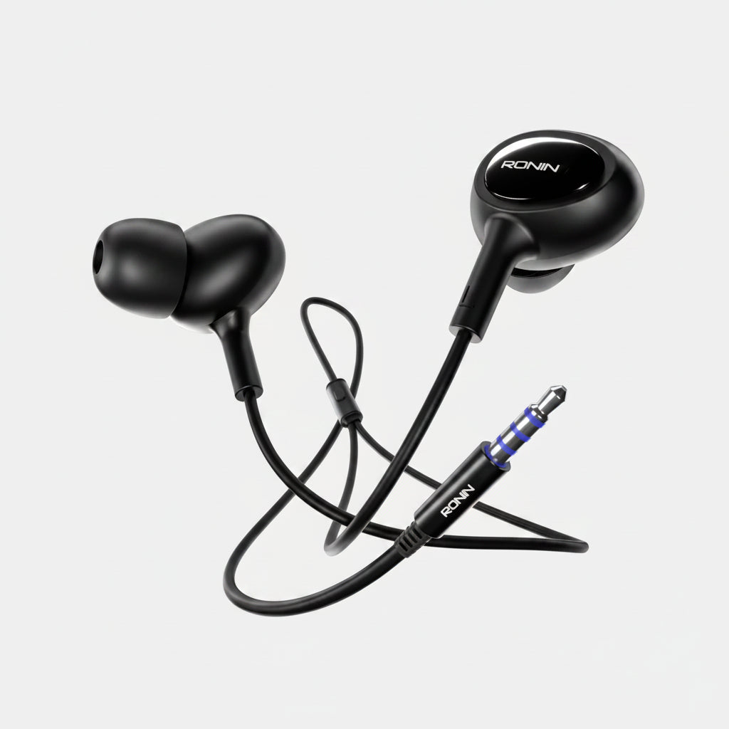 Black in-ear wired headphones with a 3.5mm jack, featuring the brand name 'RONIN' printed on the earpiece and cable, shown against a plain white background.