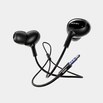 Black in-ear wired headphones with a 3.5mm jack, featuring the brand name 'RONIN' printed on the earpiece and cable, shown against a plain white background.