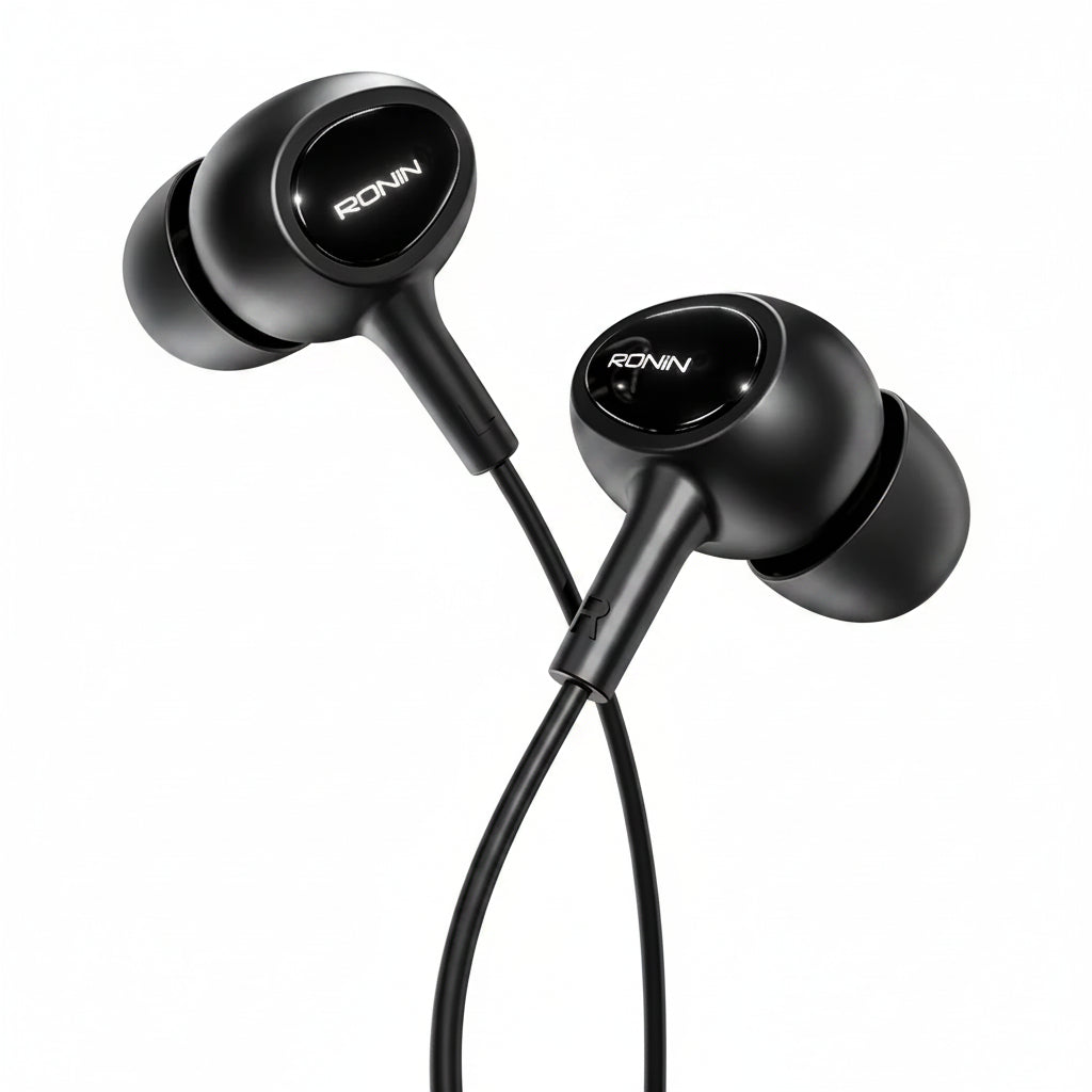 Black in-ear wired headphones with the RONIN logo on the ear cups, shown on a solid white background.
