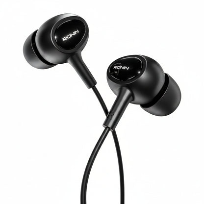 Black in-ear wired headphones with the RONIN logo on the ear cups, shown on a solid white background.