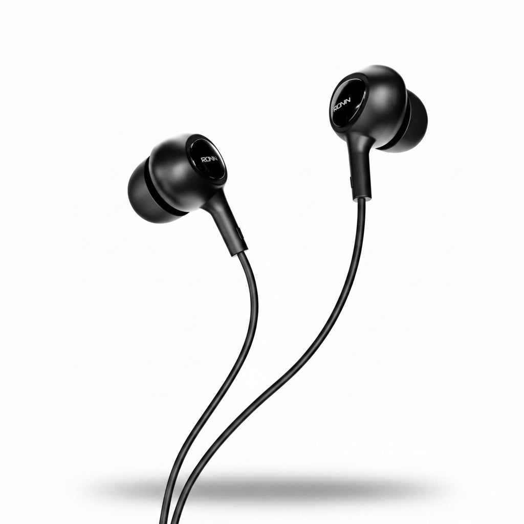 Black in-ear headphones with a cable on a white background