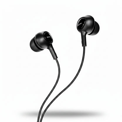 Black in-ear headphones with a cable on a white background