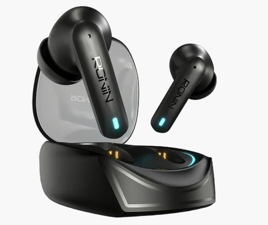 Black true wireless earbuds with blue LED indicator lights, shown with an open charging case and a second earbud on a light gray background. The brand name 'ROVIN' is visible on the earbuds.