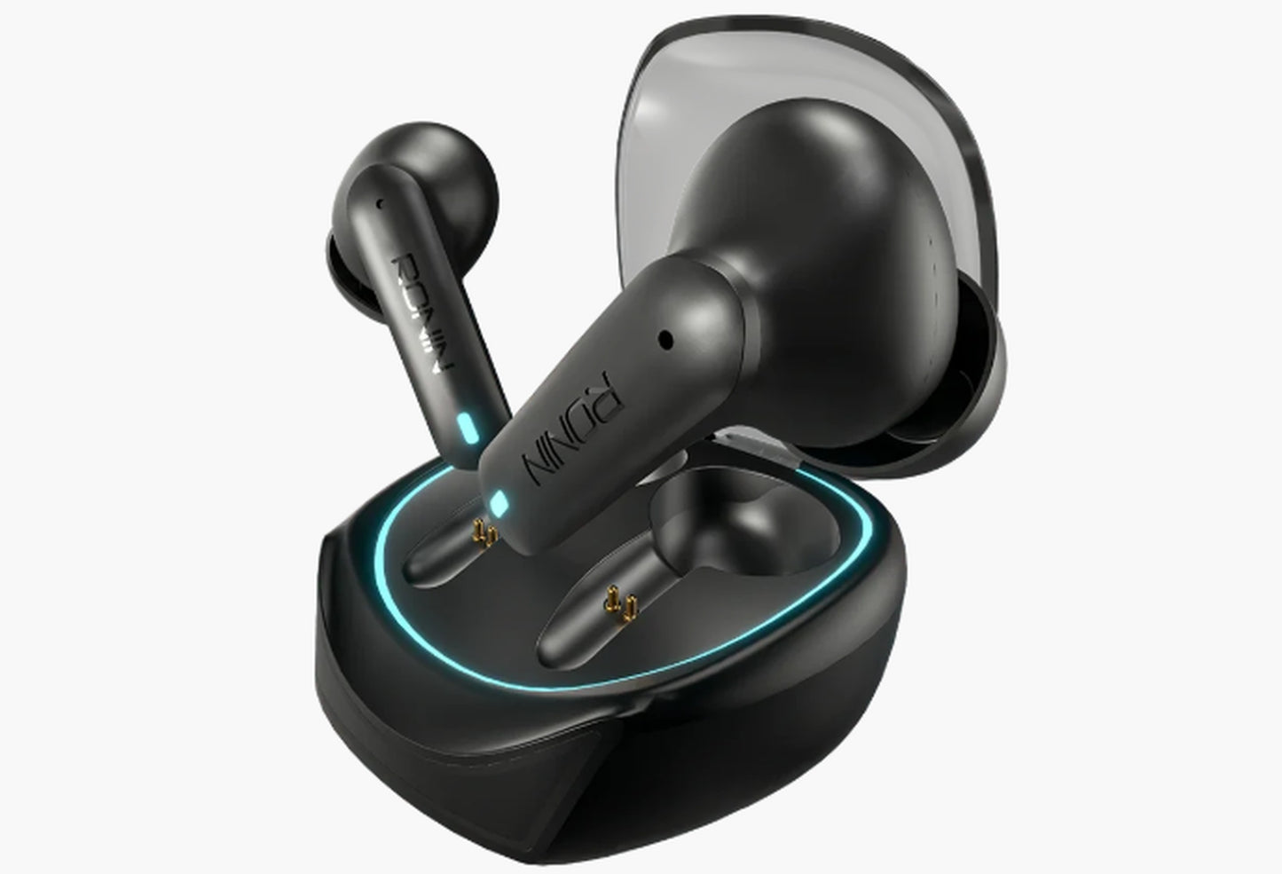 Black true wireless earbuds with a matching charging case, shown on a light gray background. The brand name 'NINJI' is visible on the earbud stems.
