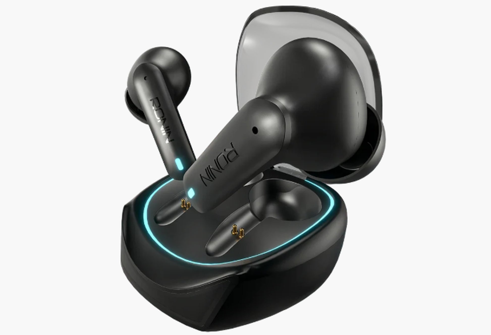 Black true wireless earbuds with a matching charging case, shown on a light gray background. The brand name 'NINJI' is visible on the earbud stems.
