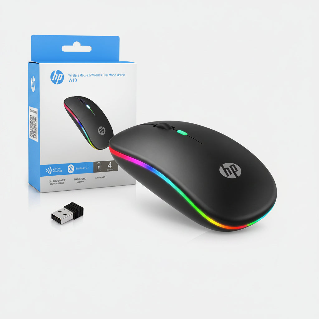 HP wireless mouse and its retail packaging box, featuring a black mouse with a vibrant RGB rainbow light strip and a small USB receiver on a white background.