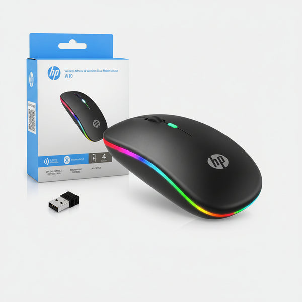 HP wireless mouse and its retail packaging box, featuring a black mouse with a vibrant RGB rainbow light strip and a small USB receiver on a white background.