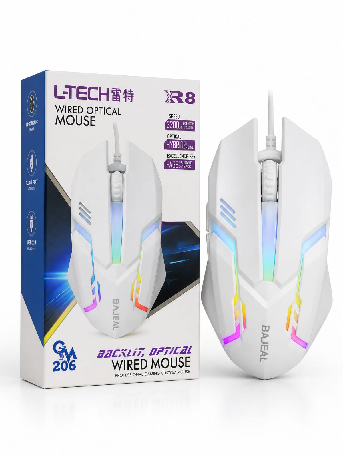 L-Tech R8 (GM206) Wired Optical Gaming Mouse — White RGB Backlit