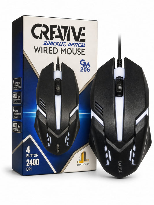 Creative GM206 Wired Mouse — 2400 DPI, 7-color LED backlit, 1000Hz polling rate, 4-button design.