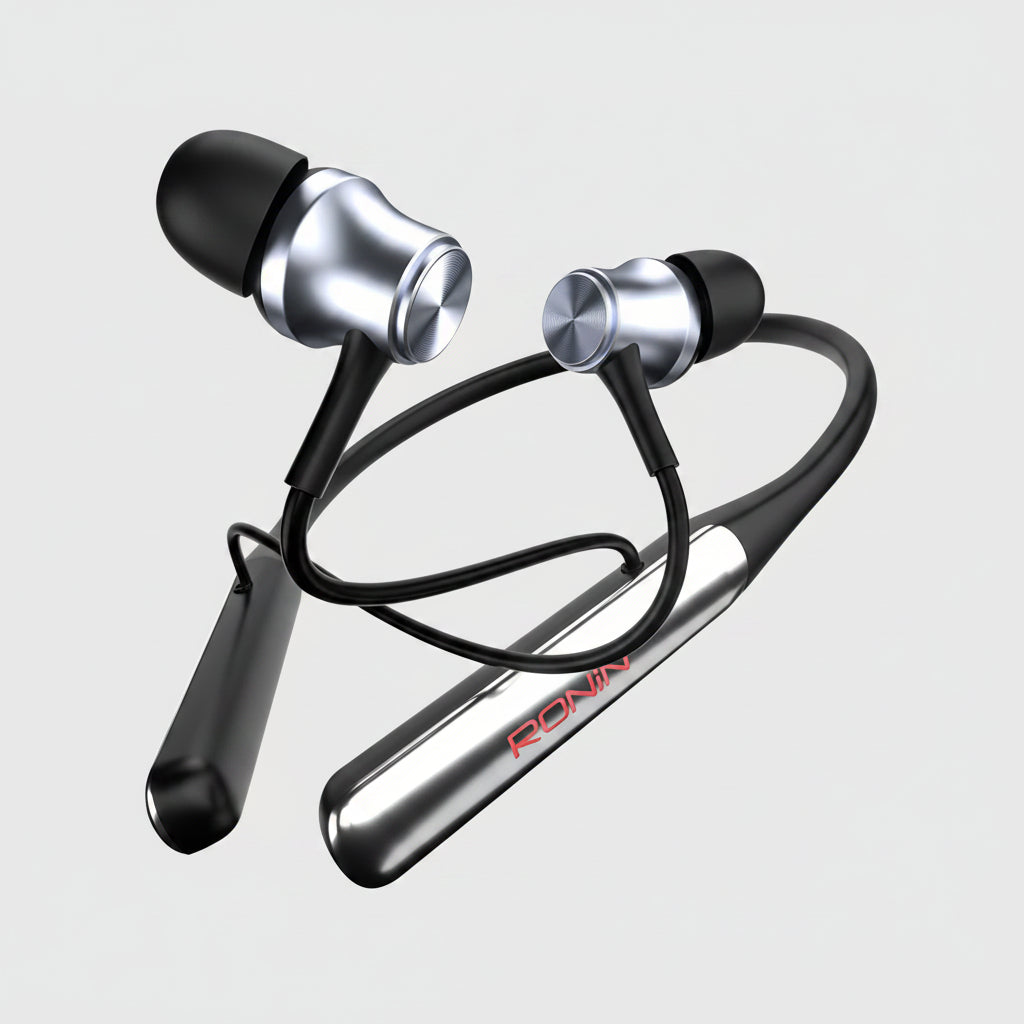 Black and silver earbuds with a visible brand logo on a white background