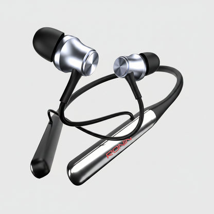 Black and silver earbuds with a visible brand logo on a white background