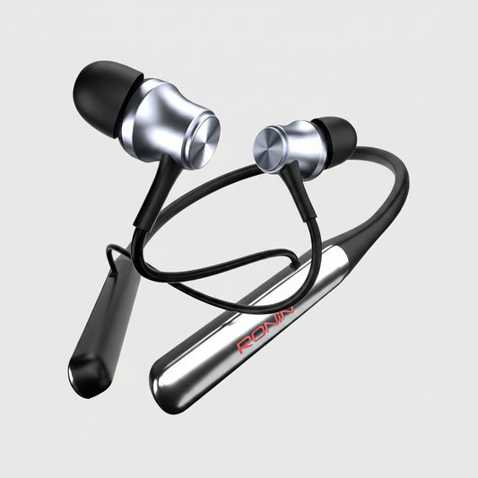 Black and silver earbuds with a visible brand logo on a white background