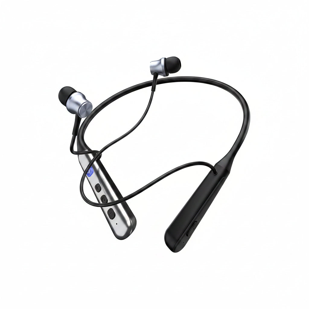 Wireless earbuds with neckband on a white background