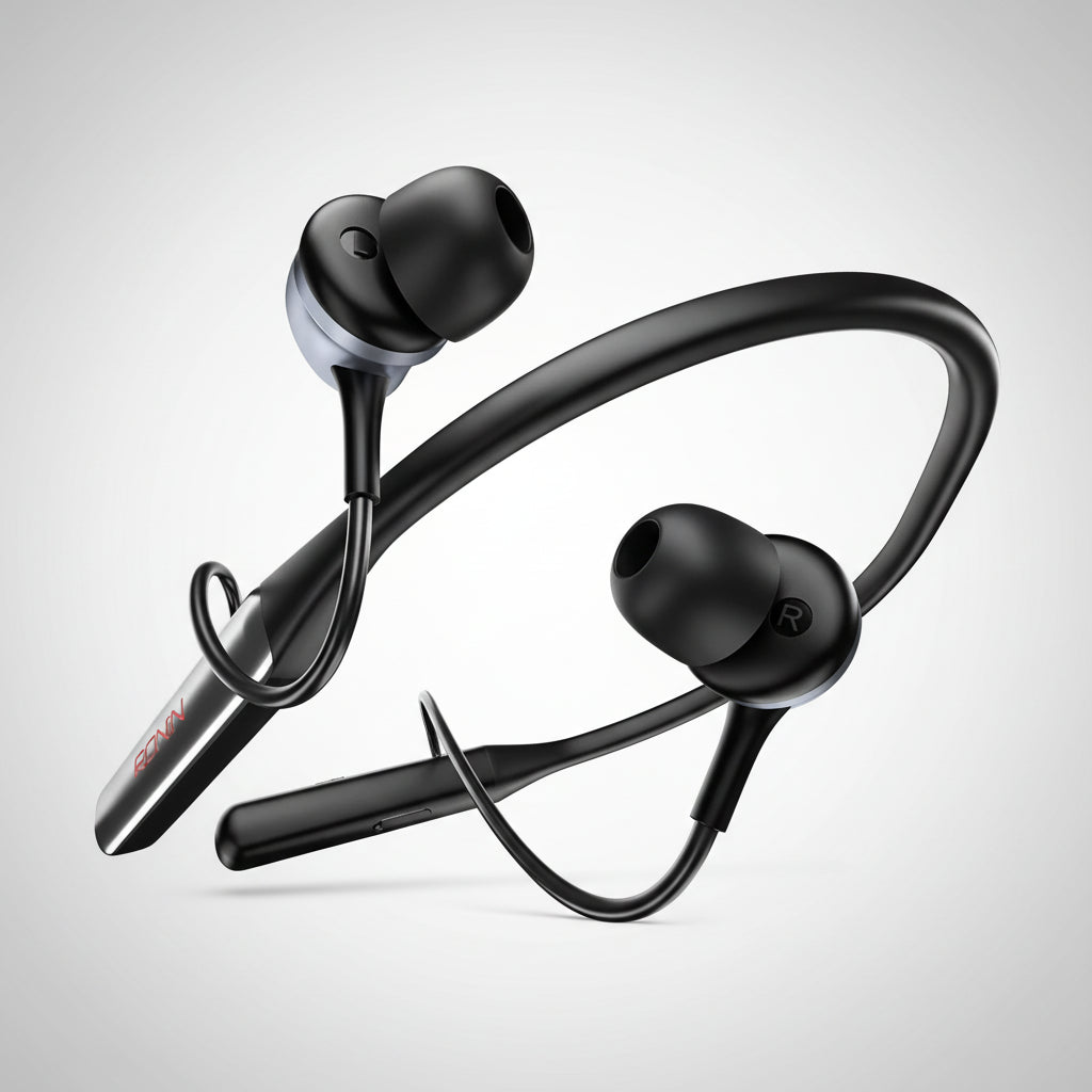 Black wireless earbuds with a charging case on a white background