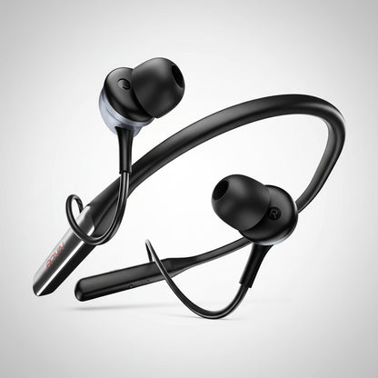 Black wireless earbuds with a charging case on a white background