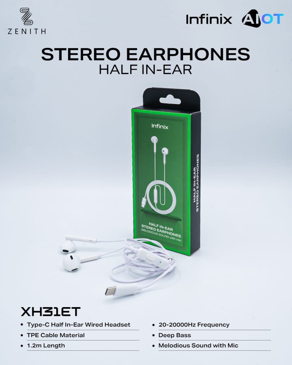 Infinix XH31ET Earphones box – Half In-Ear, Deep Bass with Mic