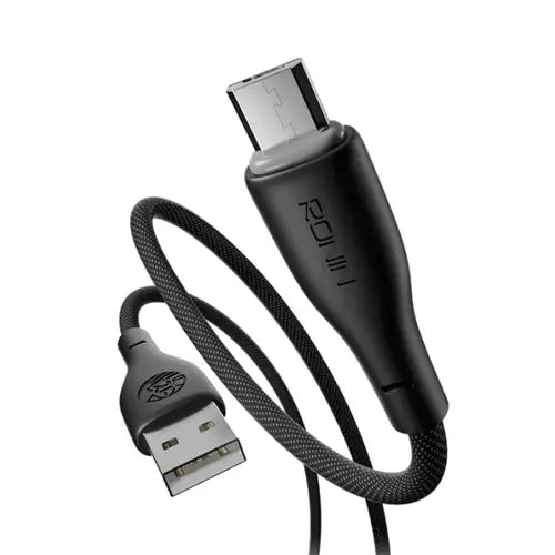 A black braided USB cable with a USB-A connector on one end and a Micro-USB connector on the other, featuring the brand name 'ROCKNROLLER' printed on the cable housing, shown against a plain white background.